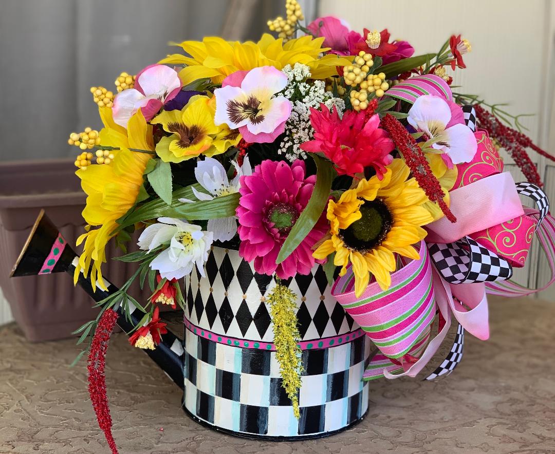 Mackenzie Childs inspired watering can floral arrangement – Buying
